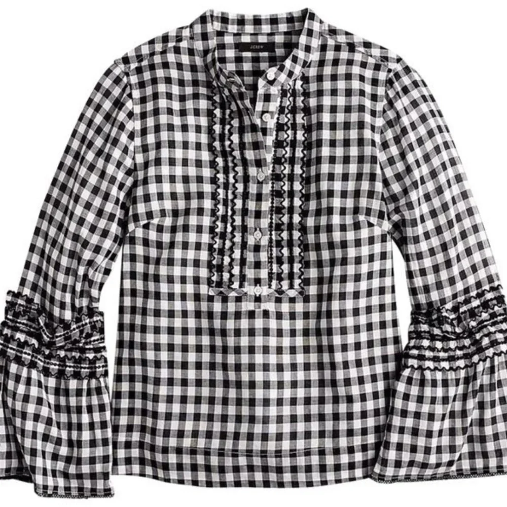J.Crew Embroidered Black and White Bell-Sleeve Gingham Top